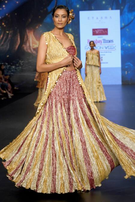 Shop_Etasha By Asha Jain_Gold Crepe, Tissue Embroidery, Zari Open Metallic Long Jacket Flared Palazzo Set _Online_at_Aza_Fashions