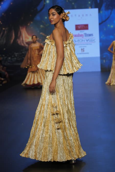 Etasha By Asha Jain Metallic One Shoulder Top With Palazzo 