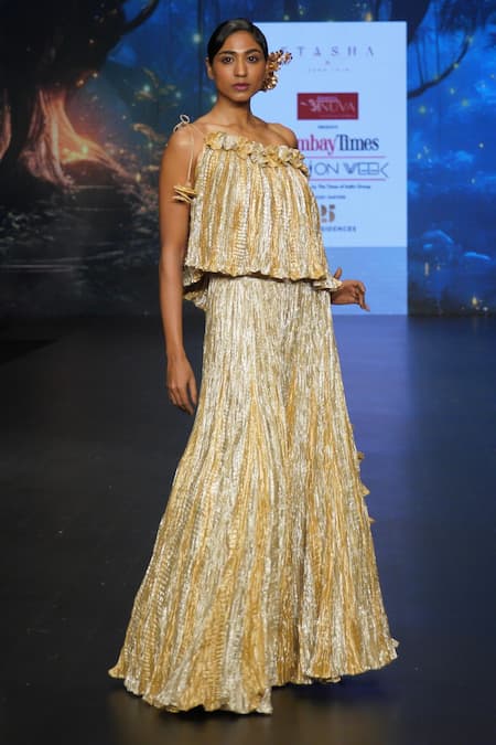 Buy_Etasha By Asha Jain_Gold Lurex, Silk Ruffles Asymmetric Metallic One Shoulder Top With Palazzo _Online_at_Aza_Fashions