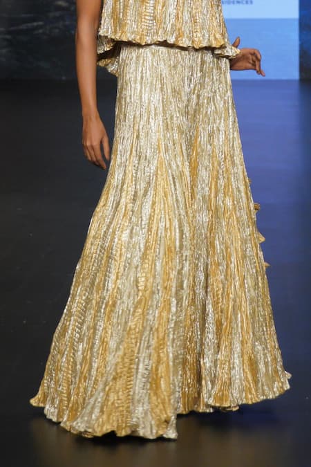 Shop_Etasha By Asha Jain_Gold Lurex, Silk Ruffles Asymmetric Metallic One Shoulder Top With Palazzo _Online_at_Aza_Fashions