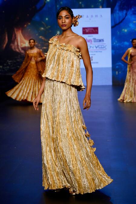 Etasha By Asha Jain_Gold Lurex, Silk Ruffles Asymmetric Metallic One Shoulder Top With Palazzo _at_Aza_Fashions