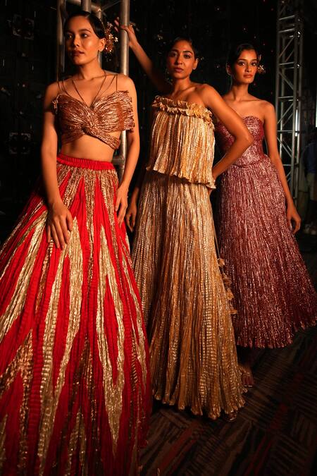 Buy_Etasha By Asha Jain_Gold Lurex, Silk Ruffles Asymmetric Metallic One Shoulder Top With Palazzo 