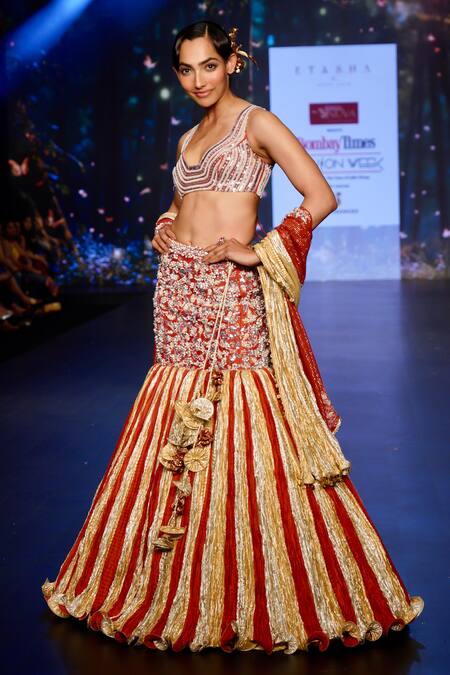 Etasha By Asha Jain_Gold Silk, Georgette Pearls, Sequins, Embellished Mermaid Tail Lehenga Set _Online_at_Aza_Fashions