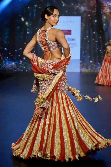 Etasha By Asha Jain_Gold Silk, Georgette Pearls, Sequins, Embellished Mermaid Tail Lehenga Set _at_Aza_Fashions