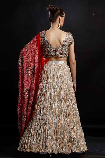 Etasha By Asha Jain Textured Lehenga Floral Crochet Embroidered Blouse 