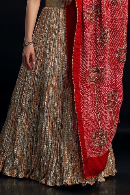 Etasha By Asha Jain Red Tissue, Cotton Embroidery, Beads Textured Lehenga Floral Crochet Blouse Online at Aza Fashions Etasha By Asha Jain_Red Tissue, Cotton Embroidery, Beads Textured Lehenga Floral Crochet Blouse _Online_at_Aza_Fashions