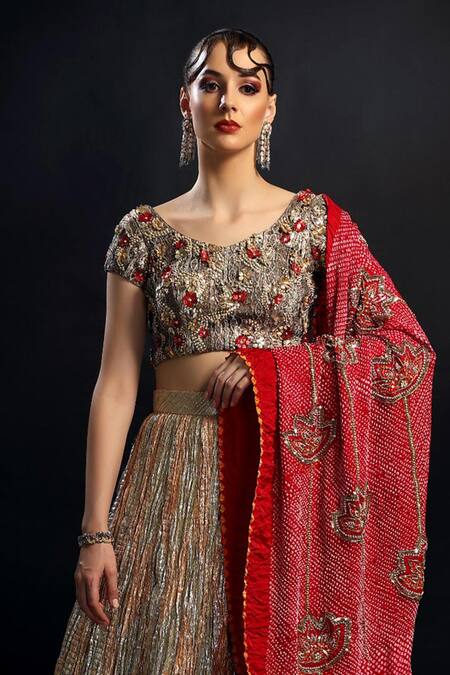 Buy Etasha By Asha Jain Red Tissue, Cotton Embroidery, Beads Textured Lehenga Floral Crochet Blouse Online at Aza Fashions Buy_Etasha By Asha Jain_Red Tissue, Cotton Embroidery, Beads Textured Lehenga Floral Crochet Blouse _Online_at_Aza_Fashions