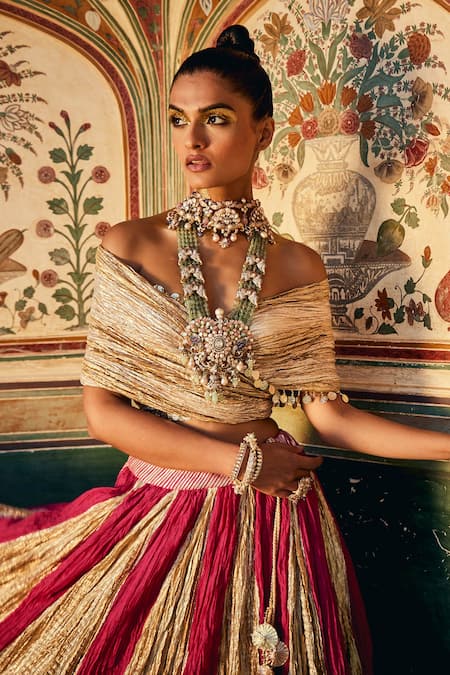 Etasha By Asha Jain_Pink Silk, Tissue Embroidery Asymmetric Two Tone Textured Lehenga With Blouse _Online_at_Aza_Fashions