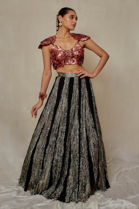 Etasha by Asha Jain Black Lehenga Silk And Metallic Tissue Embellished 3d Textured With Blouse