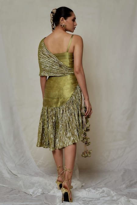 Shop Etasha By Asha Jain Green Raw Silk And Metallic Tissue Plain Asymmetric Neck Textured Dress at Aza Fashions Shop_Etasha By Asha Jain_Green Raw Silk And Metallic Tissue Plain Asymmetric Neck Textured Dress _at_Aza_Fashions