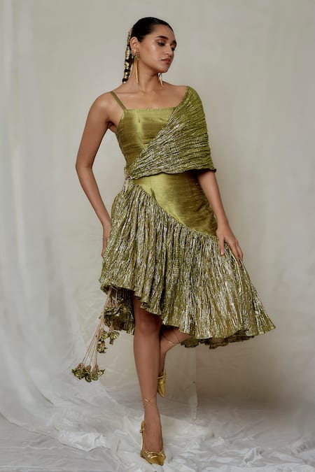 Etasha By Asha Jain Green Raw Silk And Metallic Tissue Plain Asymmetric Neck Textured Dress Online at Aza Fashions Etasha By Asha Jain_Green Raw Silk And Metallic Tissue Plain Asymmetric Neck Textured Dress _Online_at_Aza_Fashions