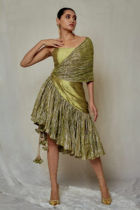 Buy Etasha By Asha Jain Green Raw Silk And Metallic Tissue Plain Asymmetric Neck Textured Dress Online at Aza Fashions Buy_Etasha By Asha Jain_Green Raw Silk And Metallic Tissue Plain Asymmetric Neck Textured Dress _Online_at_Aza_Fashions
