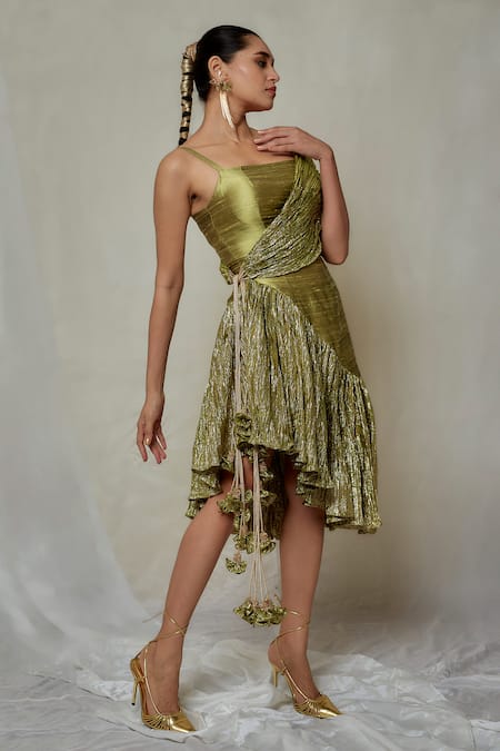 Shop Etasha By Asha Jain Green Raw Silk And Metallic Tissue Plain Asymmetric Neck Textured Dress Online at Aza Fashions Shop_Etasha By Asha Jain_Green Raw Silk And Metallic Tissue Plain Asymmetric Neck Textured Dress _Online_at_Aza_Fashions