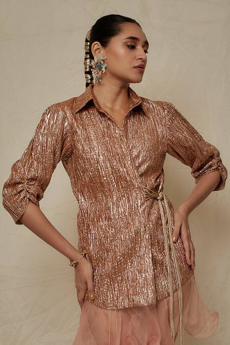 Etasha By Asha Jain Peach Metallic Tissue And Organza Ruffle Textured Collared Neck Shirt Dress Online at Aza Fashions Etasha By Asha Jain_Peach Metallic Tissue And Organza Ruffle Textured Collared Neck Shirt Dress _Online_at_Aza_Fashions