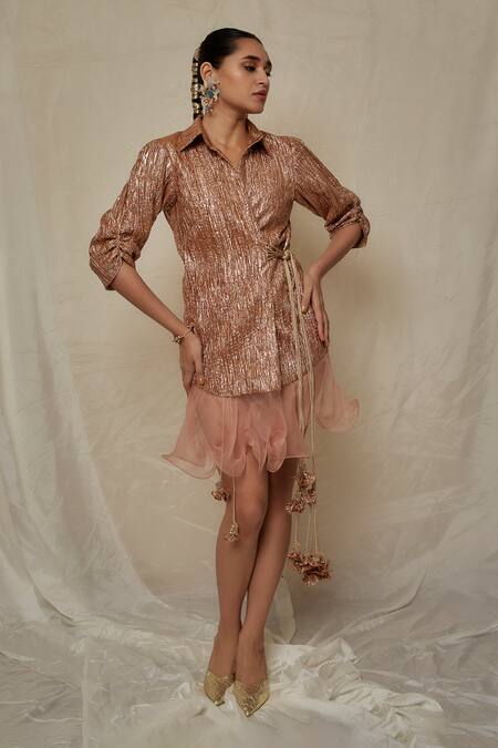 Buy Etasha By Asha Jain Peach Metallic Tissue And Organza Ruffle Textured Collared Neck Shirt Dress Online at Aza Fashions Buy_Etasha By Asha Jain_Peach Metallic Tissue And Organza Ruffle Textured Collared Neck Shirt Dress _Online_at_Aza_Fashions