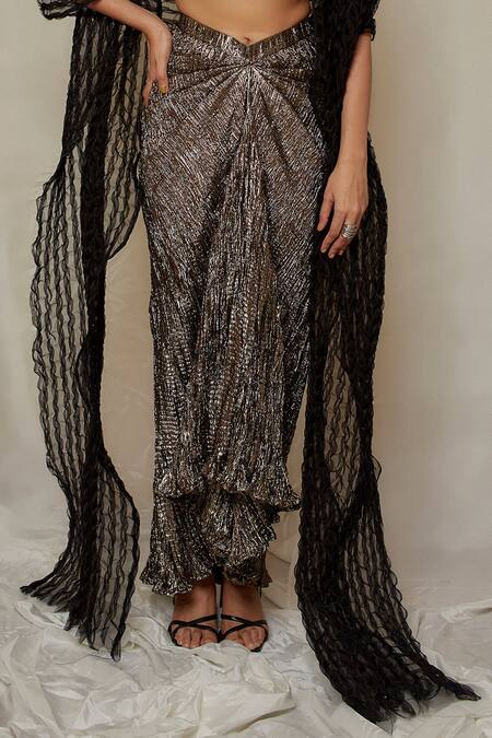 Buy Etasha By Asha Jain Black Organza, Tissue, Crepe, Silk Zari Plunge Neck Metallic Bustier Skirt Set Online at Aza Fashions Buy_Etasha By Asha Jain_Black Organza, Tissue, Crepe, Silk Zari Plunge Neck Metallic Bustier Skirt Set _Online_at_Aza_Fashions