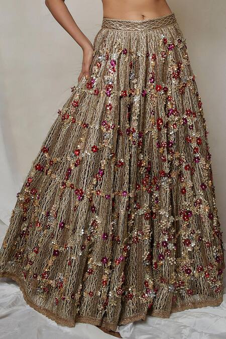 Etasha By Asha Jain_Grey Silk Embroidery Crew Neck 3d Floral Embellished Lehenga With Blouse _Online_at_Aza_Fashions