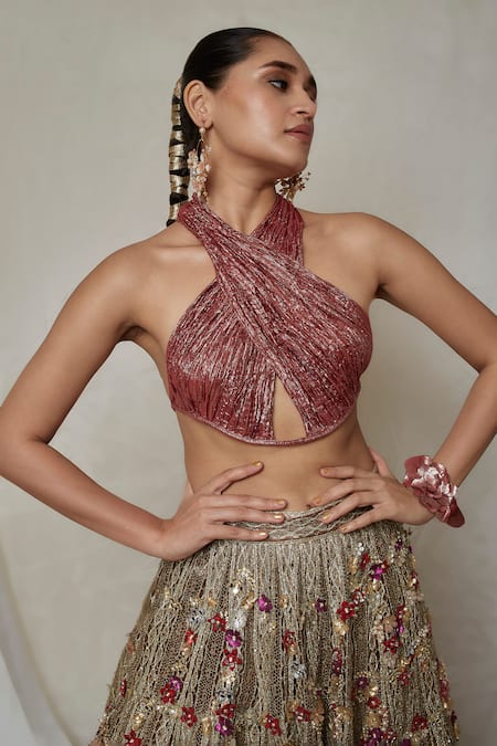 Buy_Etasha By Asha Jain_Grey Silk Embroidery Crew Neck 3d Floral Embellished Lehenga With Blouse _Online_at_Aza_Fashions