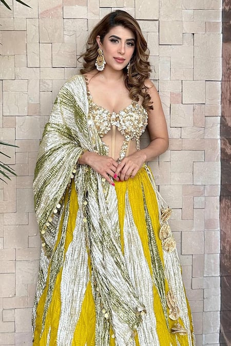 Buy Etasha By Asha Jain Cream Tulle, Tissue, Crepe Beads, Metallic Textured Corset Lehenga Set Online at Aza Fashions Buy_Etasha By Asha Jain_Cream Tulle, Tissue, Crepe Beads, Metallic Textured Corset Lehenga Set _Online_at_Aza_Fashions