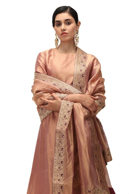 Mimamsaa Rose Gold Tissue Silk Woven Floral Priti Applique Embroidered Dupatta 