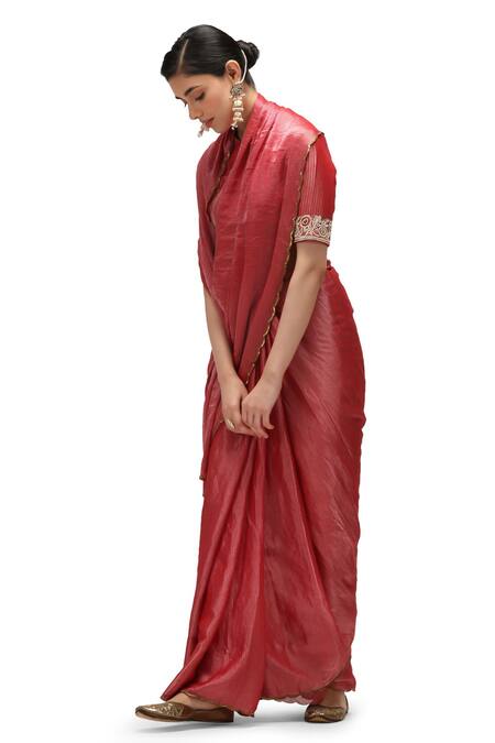 Shop Mimamsaa Red Chiffon, Silk, Muslin Sequins, Rani Border Embroidered Saree With Blouse Online at Aza Fashions Shop_Mimamsaa_Red Chiffon, Silk, Muslin Sequins, Rani Border Embroidered Saree With Blouse _Online_at_Aza_Fashions