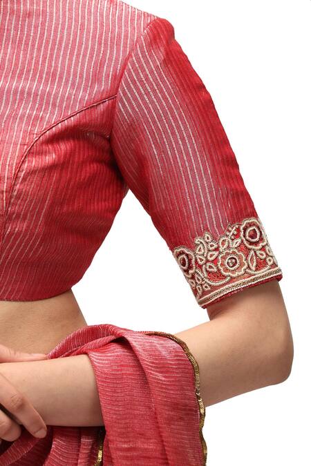 Mimamsaa Red Munga Silk Zari Woven Beads Round Rani Embroidered Blouse Online at Aza Fashions Mimamsaa_Red Munga Silk Zari Woven Beads Round Rani Embroidered Blouse _Online_at_Aza_Fashions