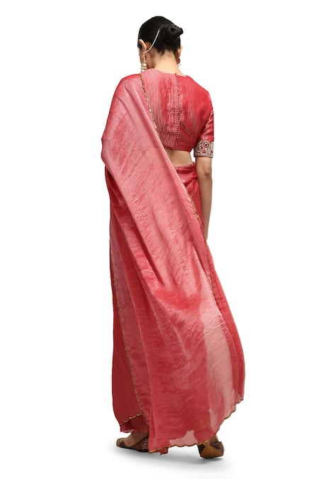 Shop Mimamsaa Red Chiffon, Silk, Rani Border Embroidered Saree With Running Blouse Piece at Aza Fashions Shop_Mimamsaa_Red Chiffon, Silk, Rani Border Embroidered Saree With Running Blouse Piece _at_Aza_Fashions