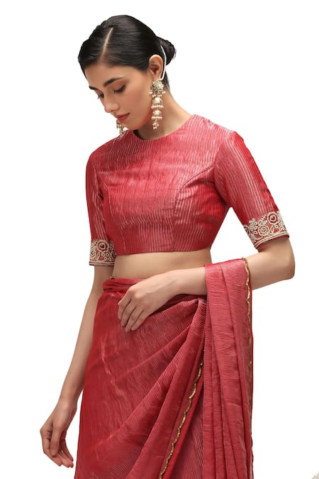 Mimamsaa Red Chiffon, Silk, Rani Border Embroidered Saree With Running Blouse Piece Online at Aza Fashions Mimamsaa_Red Chiffon, Silk, Rani Border Embroidered Saree With Running Blouse Piece _Online_at_Aza_Fashions