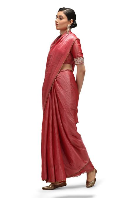 Shop Mimamsaa Red Chiffon, Silk, Rani Border Embroidered Saree With Running Blouse Piece Online at Aza Fashions Shop_Mimamsaa_Red Chiffon, Silk, Rani Border Embroidered Saree With Running Blouse Piece _Online_at_Aza_Fashions