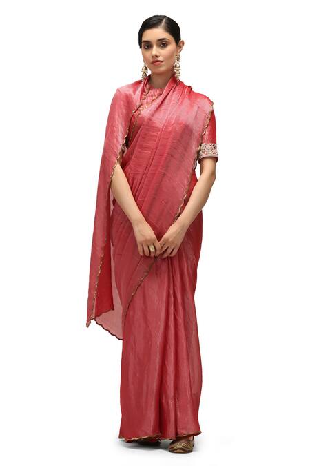 Mimamsaa Red Chiffon, Silk, Rani Border Embroidered Saree With Running Blouse Piece at Aza Fashions Mimamsaa_Red Chiffon, Silk, Rani Border Embroidered Saree With Running Blouse Piece _at_Aza_Fashions
