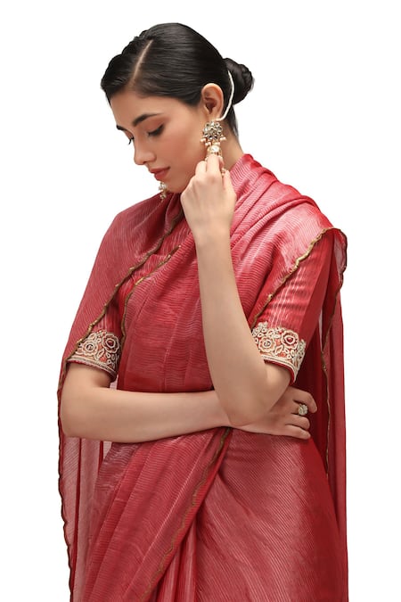 Buy Mimamsaa Red Chiffon, Silk, Rani Border Embroidered Saree With Running Blouse Piece Buy_Mimamsaa_Red Chiffon, Silk, Rani Border Embroidered Saree With Running Blouse Piece