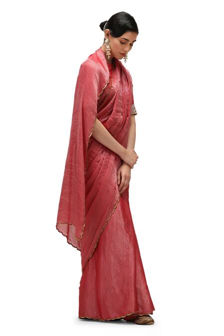 Shop Mimamsaa Red Chiffon, Silk, Rani Border Embroidered Saree With Running Blouse Piece Shop_Mimamsaa_Red Chiffon, Silk, Rani Border Embroidered Saree With Running Blouse Piece