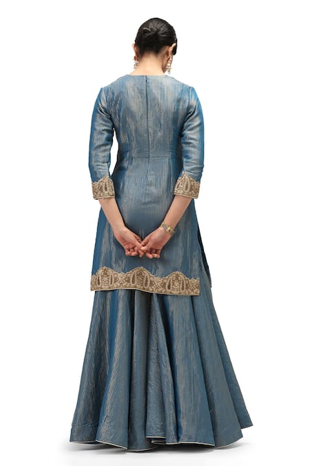 Shop Mimamsaa Blue Maheshwari, Organza, Muslin, Silk Ranya Embroidered Kurta Flared Pant Set at Aza Fashions Shop_Mimamsaa_Blue Maheshwari, Organza, Muslin, Silk Ranya Embroidered Kurta Flared Pant Set _at_Aza_Fashions