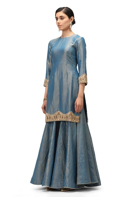 Mimamsaa Blue Maheshwari, Organza, Muslin, Silk Ranya Embroidered Kurta Flared Pant Set Online at Aza Fashions Mimamsaa_Blue Maheshwari, Organza, Muslin, Silk Ranya Embroidered Kurta Flared Pant Set _Online_at_Aza_Fashions