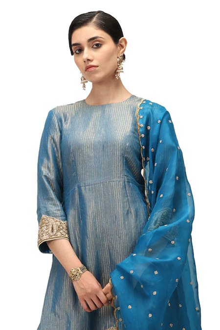 Buy Mimamsaa Blue Maheshwari, Organza, Muslin, Silk Ranya Embroidered Kurta Flared Pant Set Online at Aza Fashions Buy_Mimamsaa_Blue Maheshwari, Organza, Muslin, Silk Ranya Embroidered Kurta Flared Pant Set _Online_at_Aza_Fashions