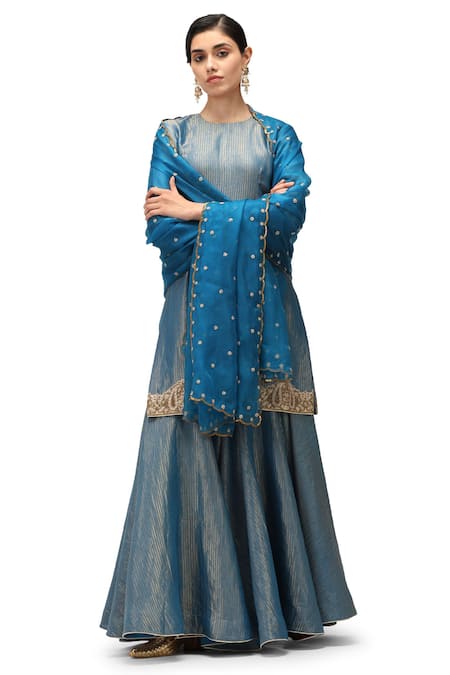 Shop Mimamsaa Blue Maheshwari, Organza, Muslin, Silk Ranya Embroidered Kurta Flared Pant Set Online at Aza Fashions Shop_Mimamsaa_Blue Maheshwari, Organza, Muslin, Silk Ranya Embroidered Kurta Flared Pant Set _Online_at_Aza_Fashions