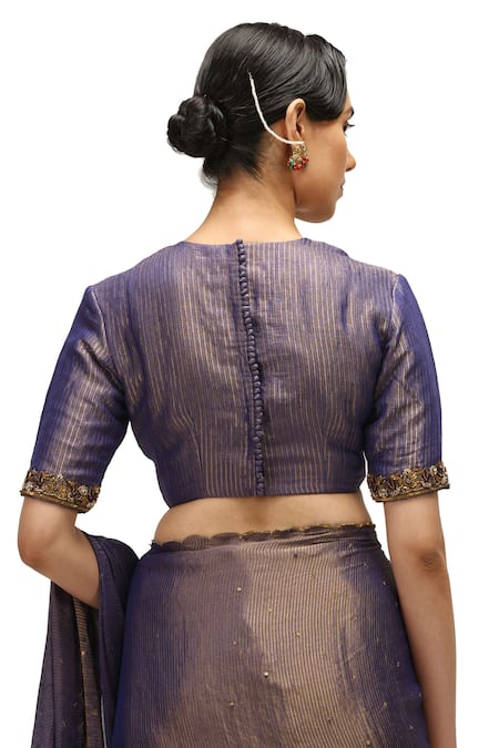 Shop Mimamsaa Blue Munga Silk Zari Woven Beads Round Ratna Embroidered Blouse at Aza Fashions Shop_Mimamsaa_Blue Munga Silk Zari Woven Beads Round Ratna Embroidered Blouse _at_Aza_Fashions