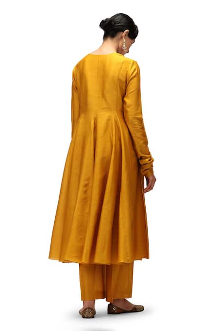 Shop Mimamsaa Yellow Chanderi Silk V-neck Rohini Solid Anarkali And Pant Set at Aza Fashions Shop_Mimamsaa_Yellow Chanderi Silk V-neck Rohini Solid Anarkali And Pant Set _at_Aza_Fashions