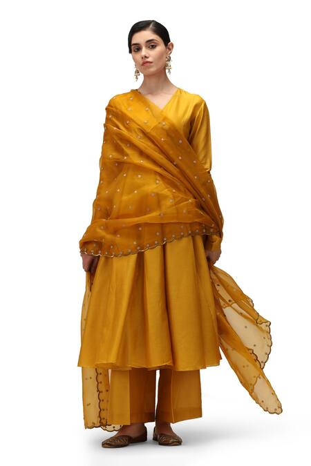 Mimamsaa Yellow Chanderi Silk V-neck Rohini Solid Anarkali And Pant Set Online at Aza Fashions Mimamsaa_Yellow Chanderi Silk V-neck Rohini Solid Anarkali And Pant Set _Online_at_Aza_Fashions