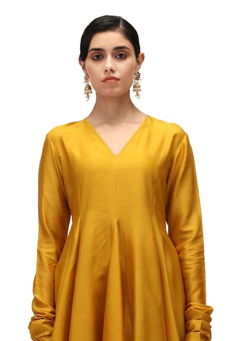Buy Mimamsaa Yellow Chanderi Silk V-neck Rohini Solid Anarkali And Pant Set Online at Aza Fashions Buy_Mimamsaa_Yellow Chanderi Silk V-neck Rohini Solid Anarkali And Pant Set _Online_at_Aza_Fashions