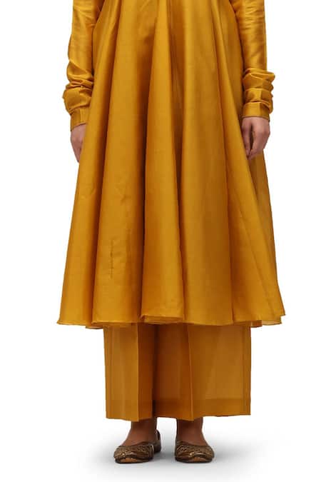 Shop Mimamsaa Yellow Chanderi Silk V-neck Rohini Solid Anarkali And Pant Set Online at Aza Fashions Shop_Mimamsaa_Yellow Chanderi Silk V-neck Rohini Solid Anarkali And Pant Set _Online_at_Aza_Fashions