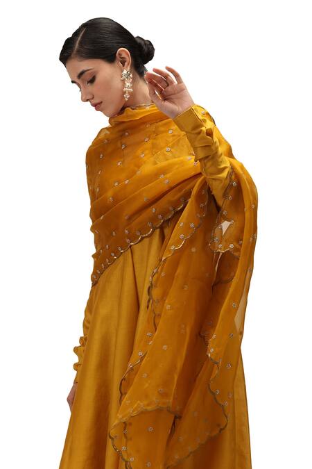 Buy_Mimamsaa_Yellow Chanderi Silk, Tissue Beads V-neck Rohini Solid Anarkali Pant Set 