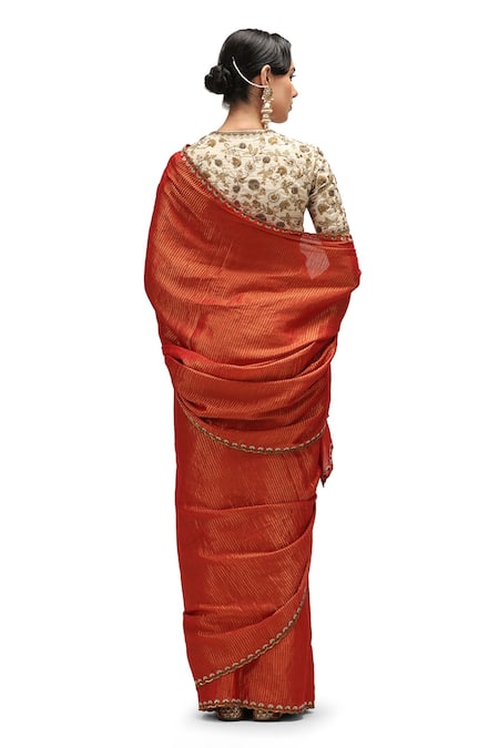 Shop Mimamsaa Red Muslin, Silk Sequins, Embroidery Square Neck Siya Border Saree With Blouse at Aza Fashions Shop_Mimamsaa_Red Muslin, Silk Sequins, Embroidery Square Neck Siya Border Saree With Blouse _at_Aza_Fashions