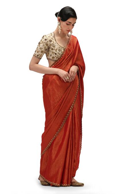 Mimamsaa Red Muslin, Silk Sequins, Embroidery Square Neck Siya Border Saree With Blouse Online at Aza Fashions Mimamsaa_Red Muslin, Silk Sequins, Embroidery Square Neck Siya Border Saree With Blouse _Online_at_Aza_Fashions