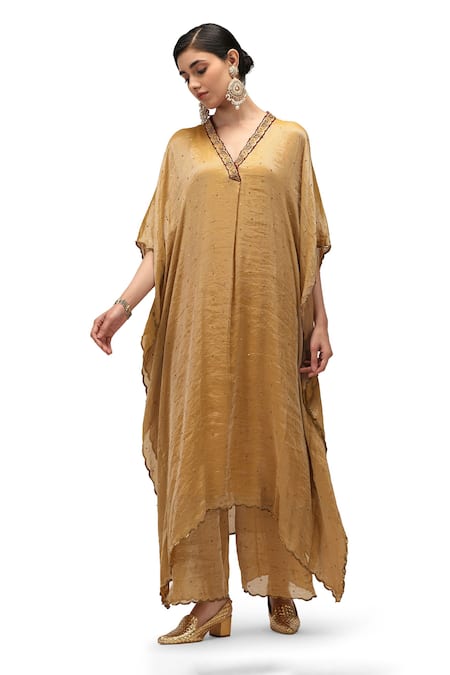 Mimamsaa_Yellow Chiffon Silk Woven Sequins V Neck Sona Embroidered Kaftan Set _Online_at_Aza_Fashions