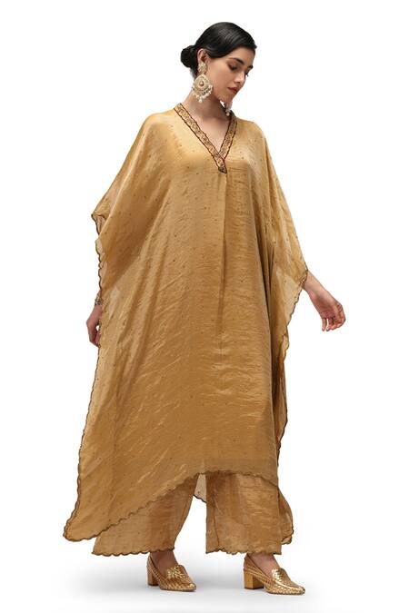 Buy_Mimamsaa_Yellow Chiffon Silk Woven Sequins V Neck Sona Embroidered Kaftan Set _Online_at_Aza_Fashions