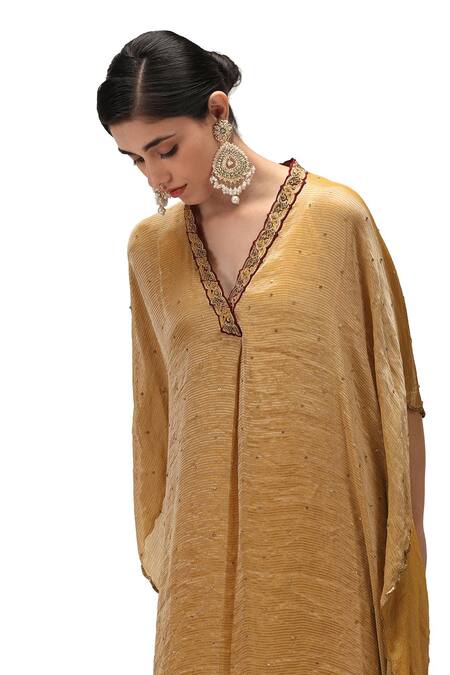 Shop_Mimamsaa_Yellow Chiffon Silk Woven Sequins V Neck Sona Embroidered Kaftan Set _Online_at_Aza_Fashions