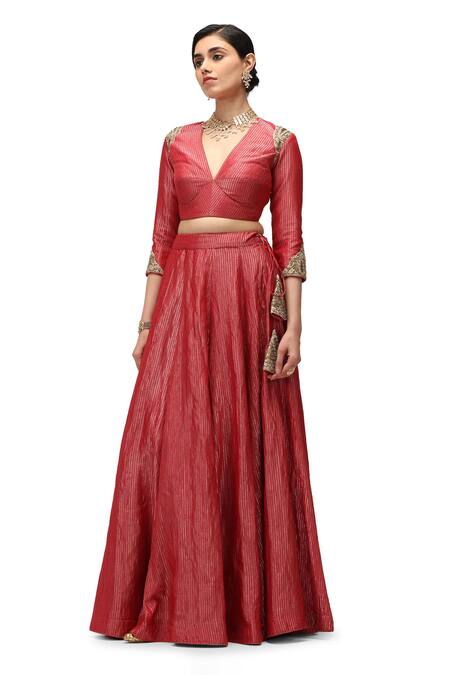 Mimamsaa Red Muslin, Maheshwari, Chiffon, Silk Tanuja Embroidered Blouse Lehenga Set Online at Aza Fashions Mimamsaa_Red Muslin, Maheshwari, Chiffon, Silk Tanuja Embroidered Blouse Lehenga Set _Online_at_Aza_Fashions