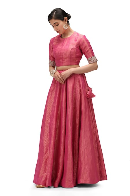 Shop Mimamsaa Fuchsia Silk, Chiffon Beads, Sequins Round Trisha Embroidered Blouse Lehenga Set at Aza Fashions Shop_Mimamsaa_Fuchsia Silk, Chiffon Beads, Sequins Round Trisha Embroidered Blouse Lehenga Set _at_Aza_Fashions
