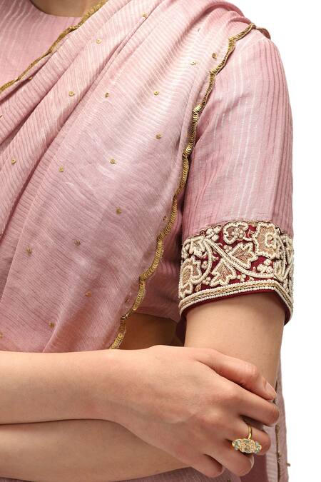 Shop Mimamsaa Pink Chiffon, Silk, Muslin Sequins, Beads Yukta Embroidered Saree With Blouse Shop_Mimamsaa_Pink Chiffon, Silk, Muslin Sequins, Beads Yukta Embroidered Saree With Blouse